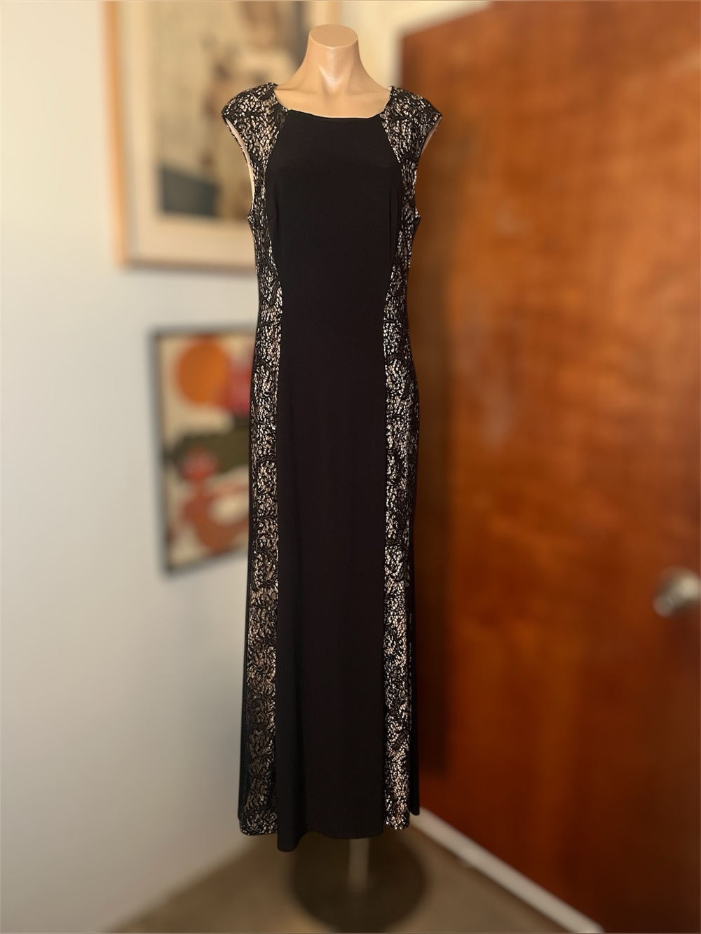 Vintage Y2K Cache Black Lace Sequin Nude Evening Gown Size 14 Deadstock Whimsy